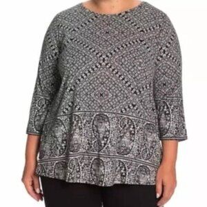 Lucky Brand Women's Plus Size 1X Black Paisley Boho Cotton Modal Tunic Top EUC